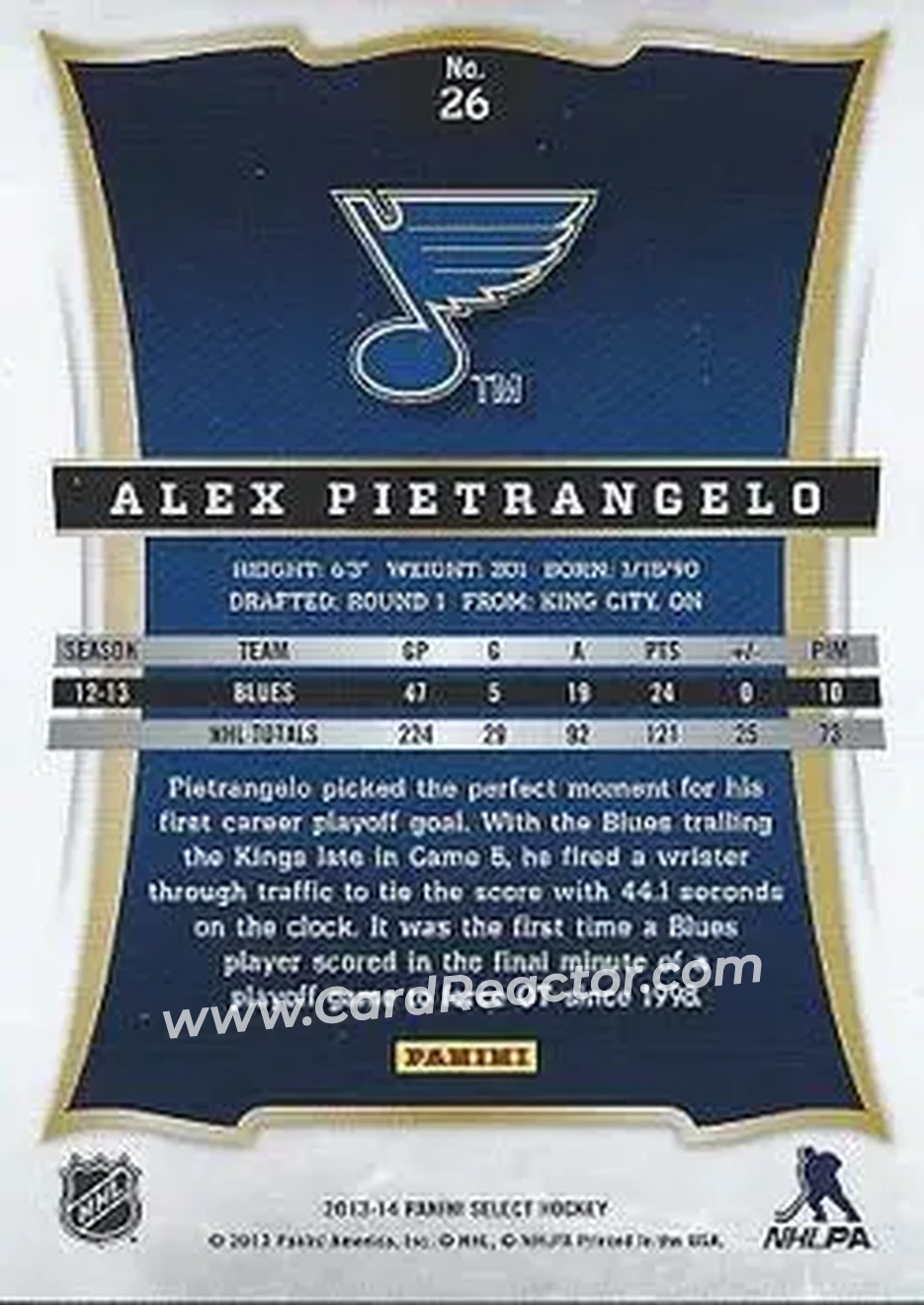 2013-14 Panini Select #26 - Alex Pietrangelo - St. Louis Blues - Back