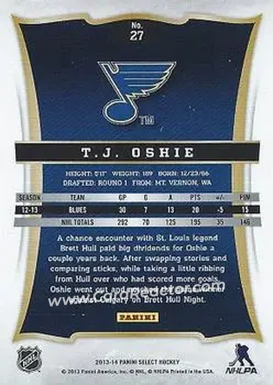 2013-14 Panini Select #27 - T.J. Oshie - St. Louis Blues - Back 2013-14 Panini Select #27 - T.J. Oshie - St. Louis Blues - Back