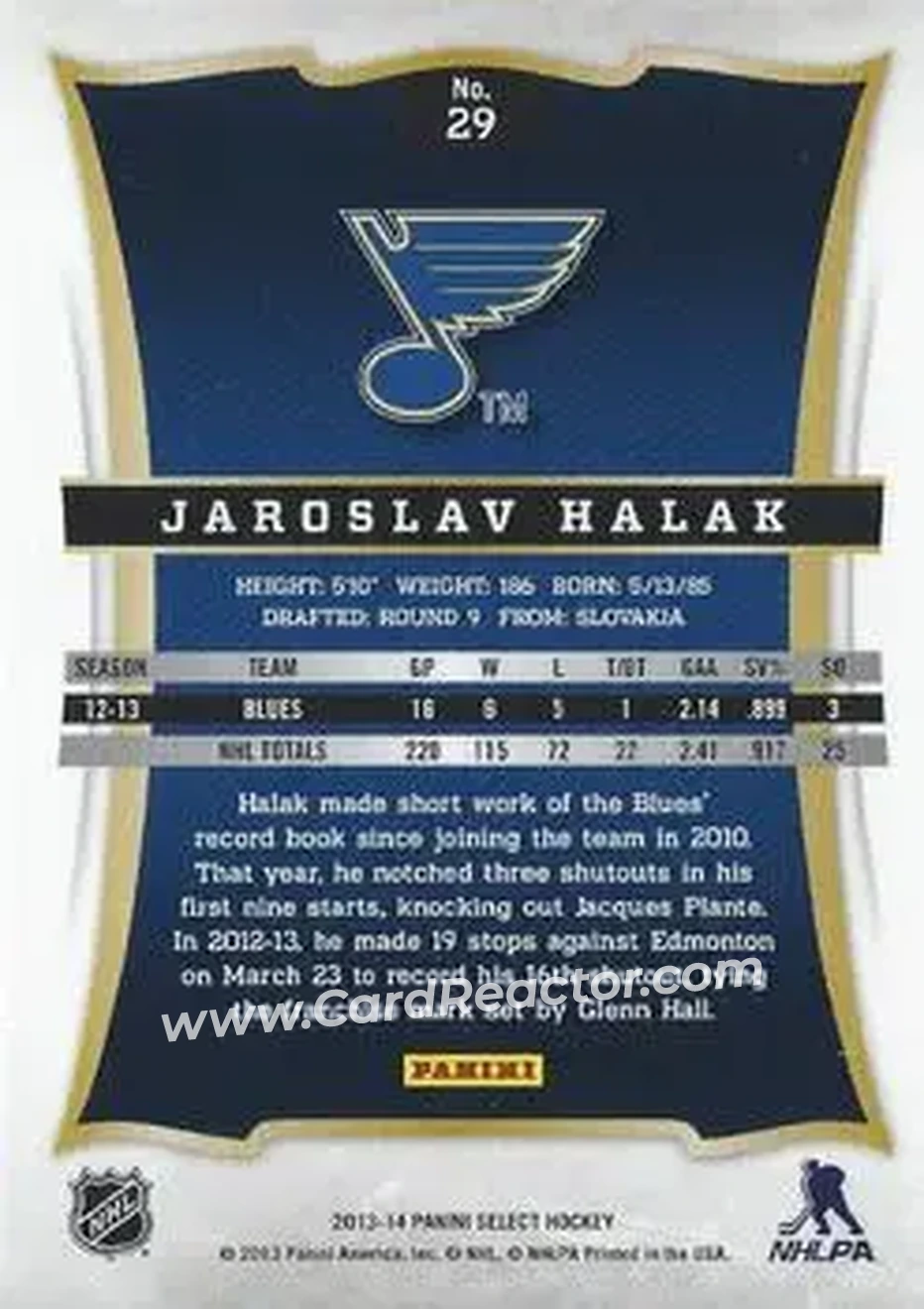 2013-14 Panini Select #29 - Jaroslav Halak - St. Louis Blues - Back