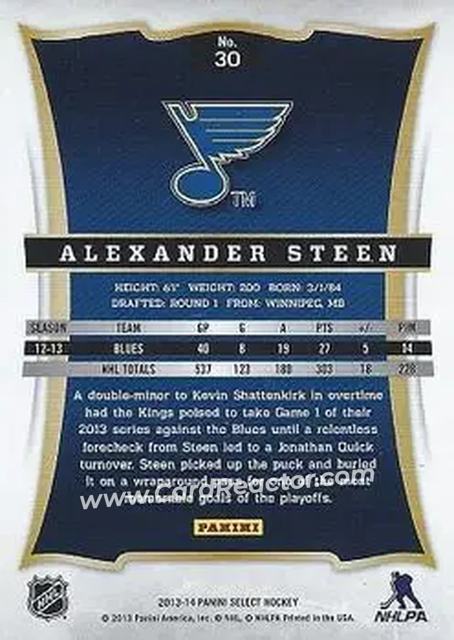 2013-14 Panini Select #30 - Alexander Steen - St. Louis Blues - Back 2013-14 Panini Select #30 - Alexander Steen - St. Louis Blues - Back