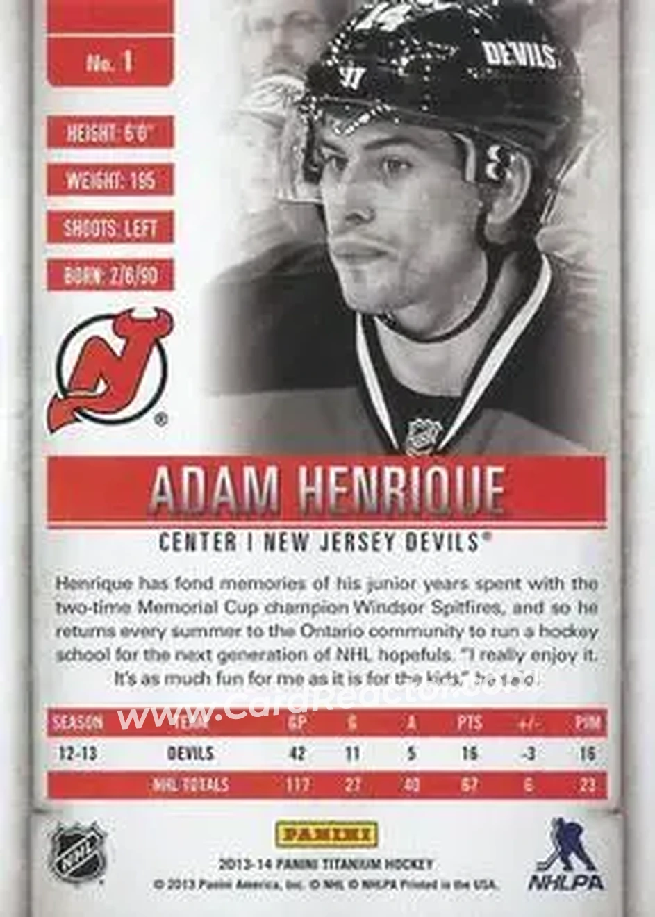 2013-14 Panini Titanium #1 - Adam Henrique - New Jersey Devils - Back