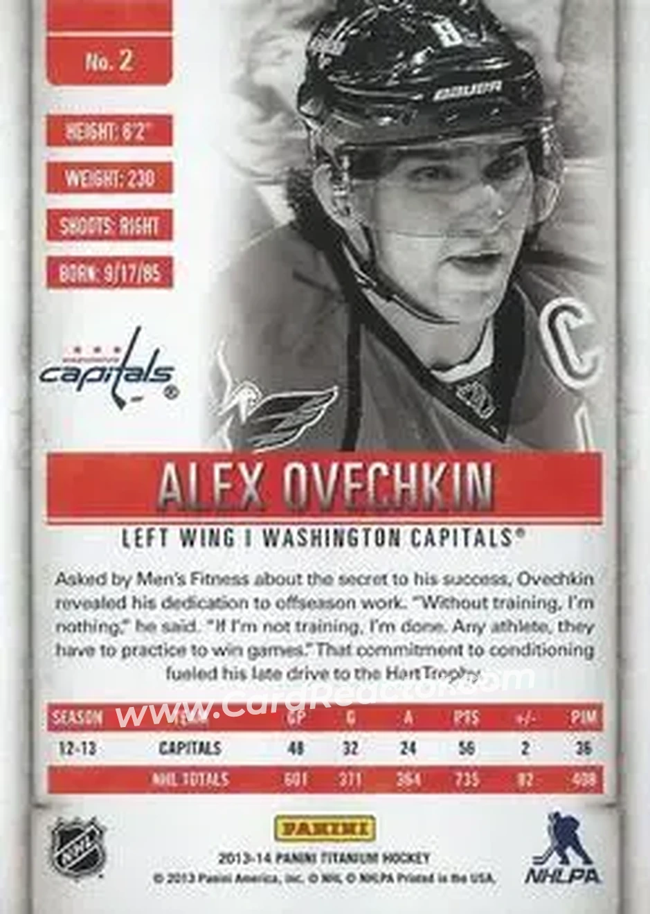 2013-14 Panini Titanium #2 - Alex Ovechkin - Washington Capitals - Back