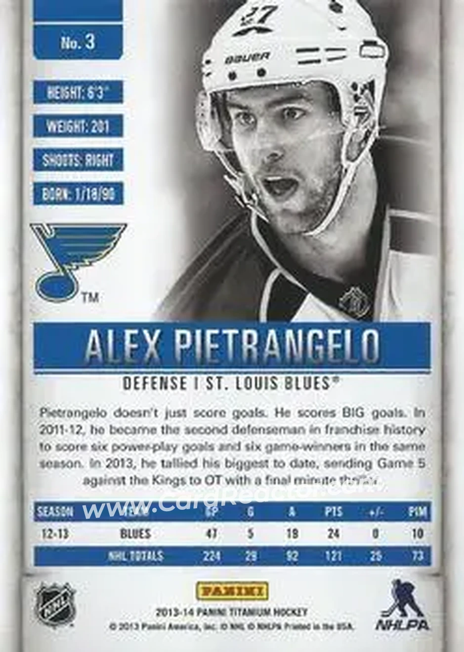 2013-14 Panini Titanium #3 - Alex Pietrangelo - St. Louis Blues - Back