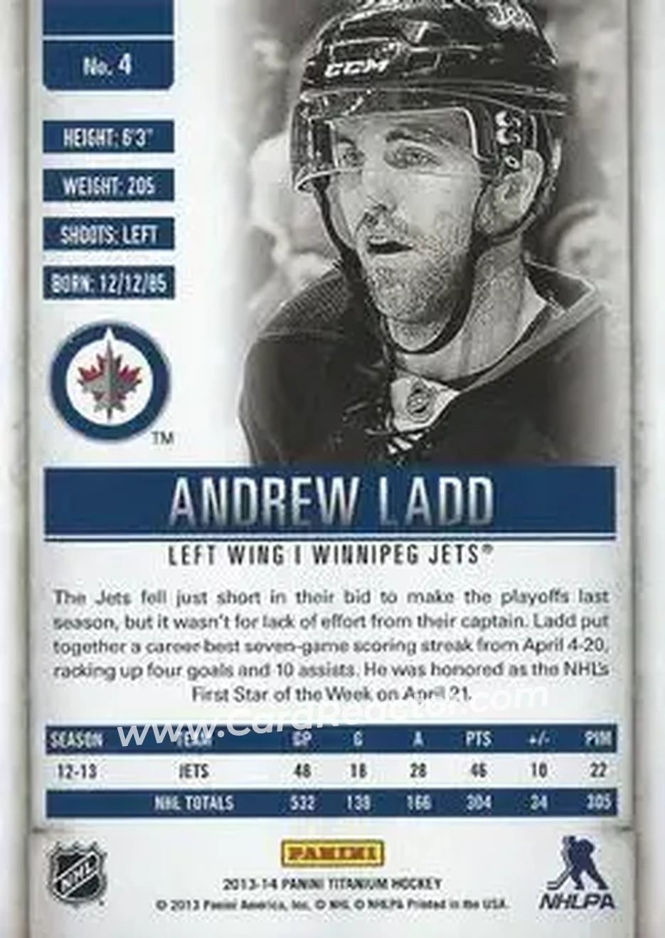 2013-14 Panini Titanium #4 - Andrew Ladd - Winnipeg Jets - Back
