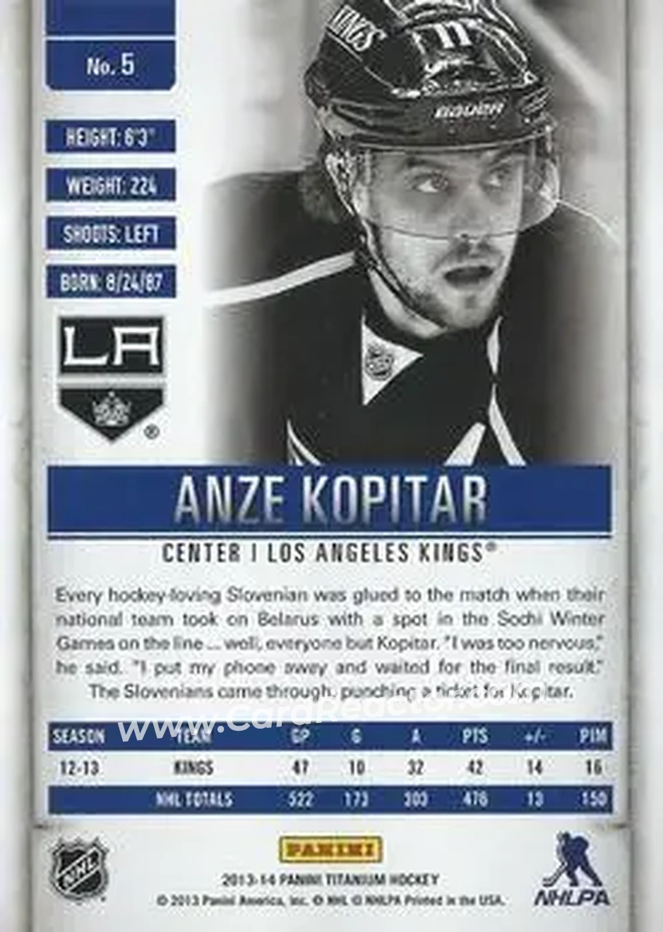 2013-14 Panini Titanium #5 - Anze Kopitar - Los Angeles Kings - Back