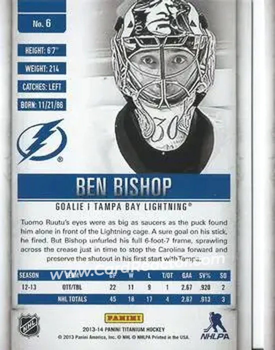 2013-14 Panini Titanium #6 - Ben Bishop - Tampa Bay Lightning - Back