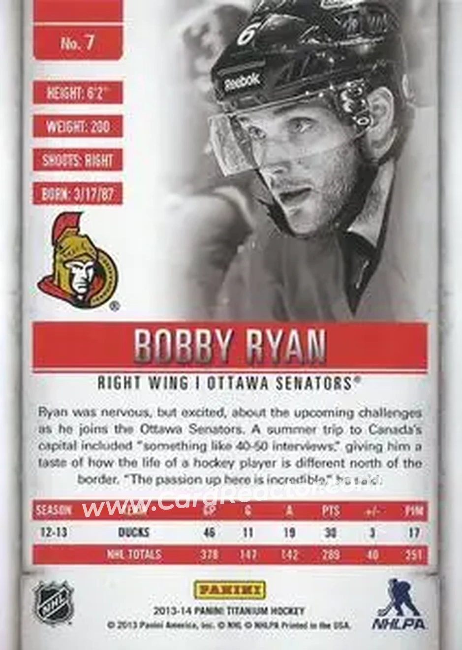 2013-14 Panini Titanium #7 - Bobby Ryan - Ottawa Senators - Back