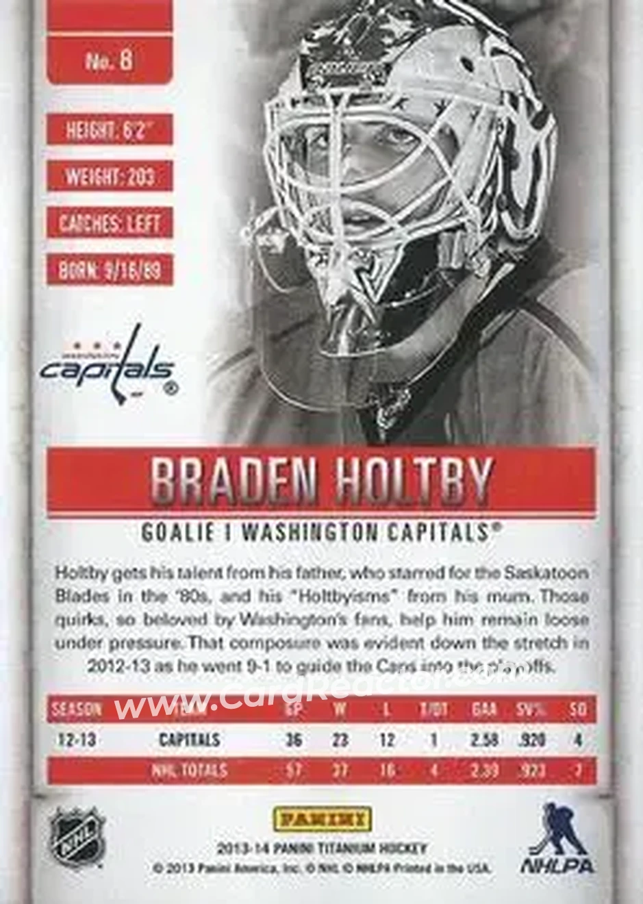 2013-14 Panini Titanium #8 - Braden Holtby - Washington Capitals - Back