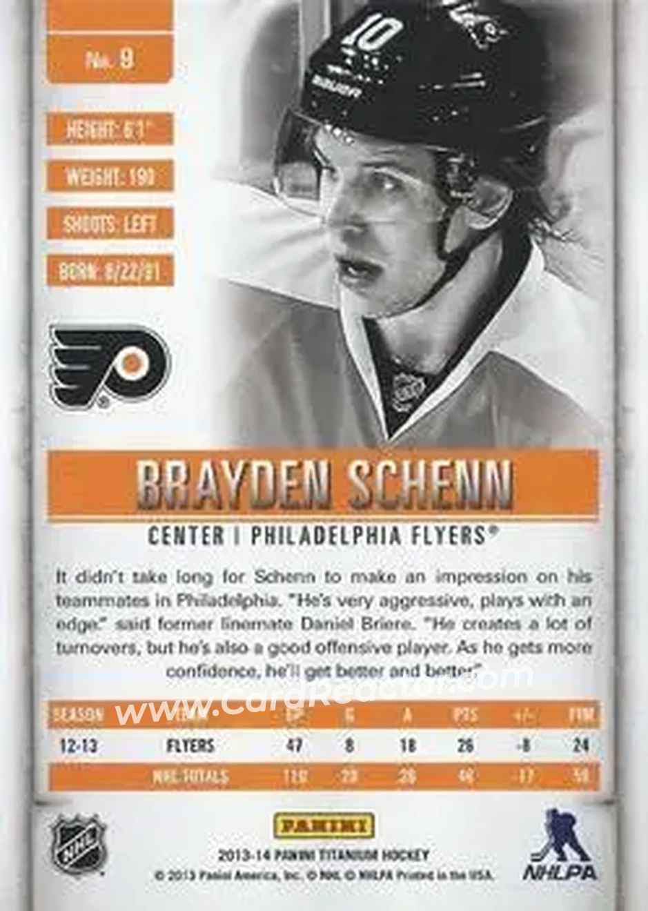 2013-14 Panini Titanium #9 - Brayden Schenn - Philadelphia Flyers - Back