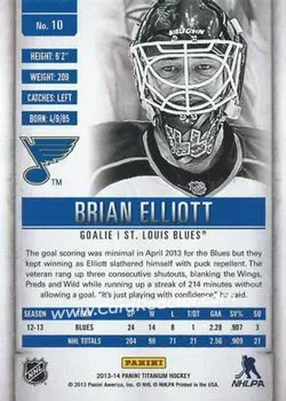 2013-14 Panini Titanium #10 - Brian Elliott - St. Louis Blues - Back