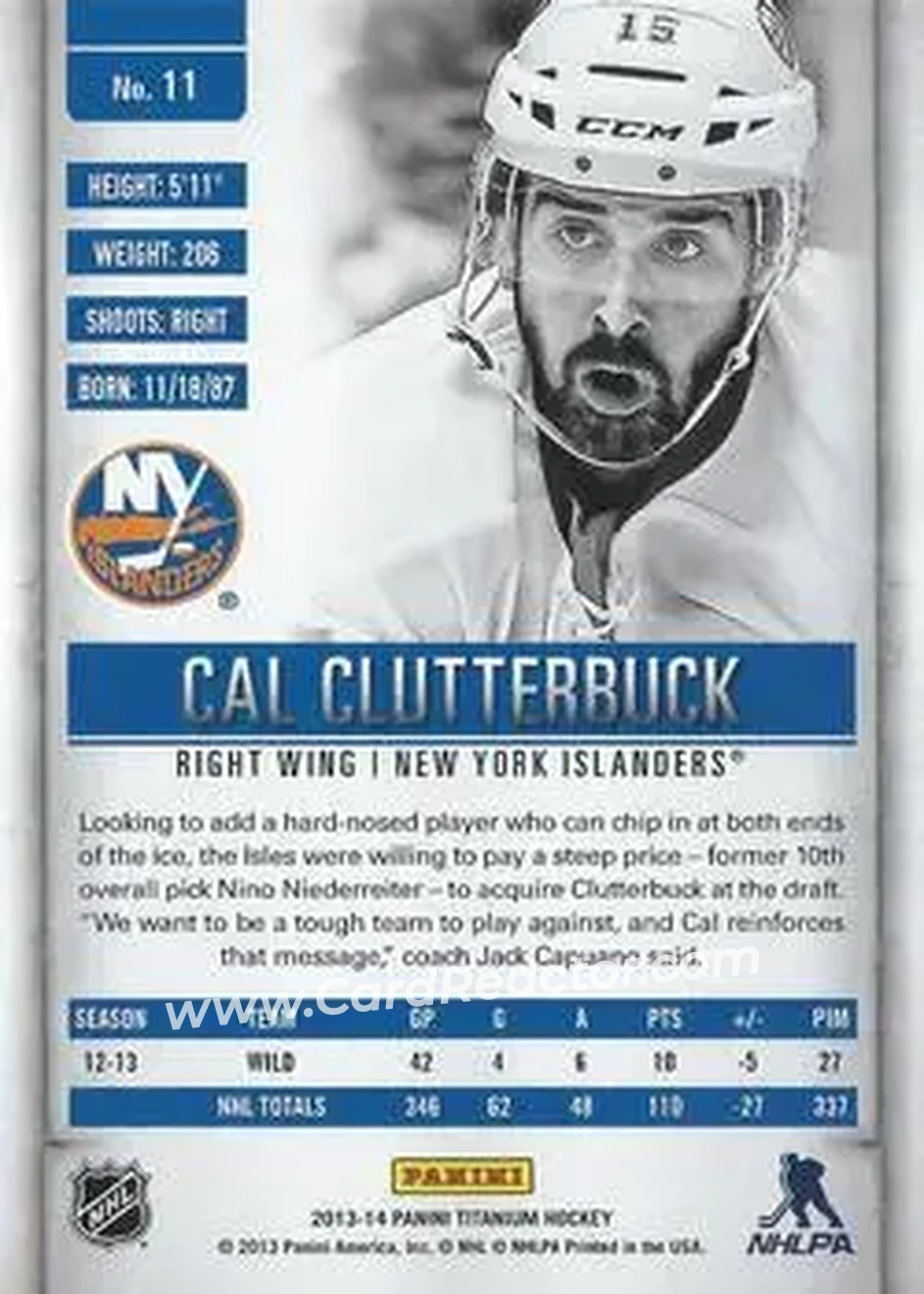 2013-14 Panini Titanium #11 - Cal Clutterbuck - New York Islanders - Back