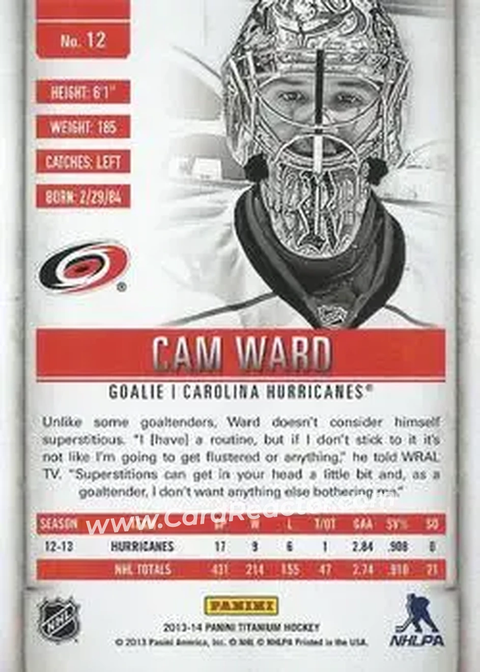 2013-14 Panini Titanium #12 - Cam Ward - Carolina Hurricanes - Back