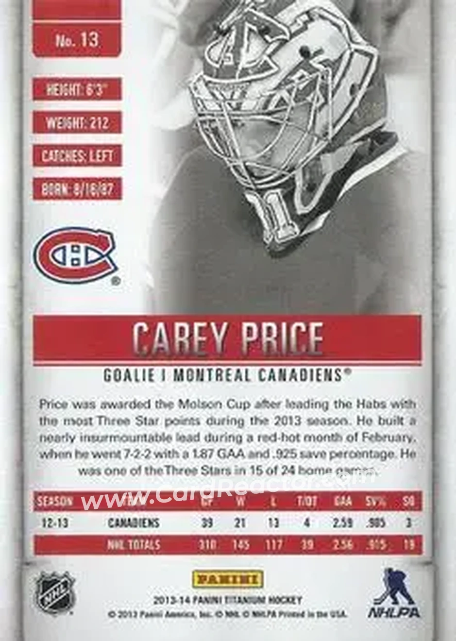 2013-14 Panini Titanium #13 - Carey Price - Montreal Canadiens - Back
