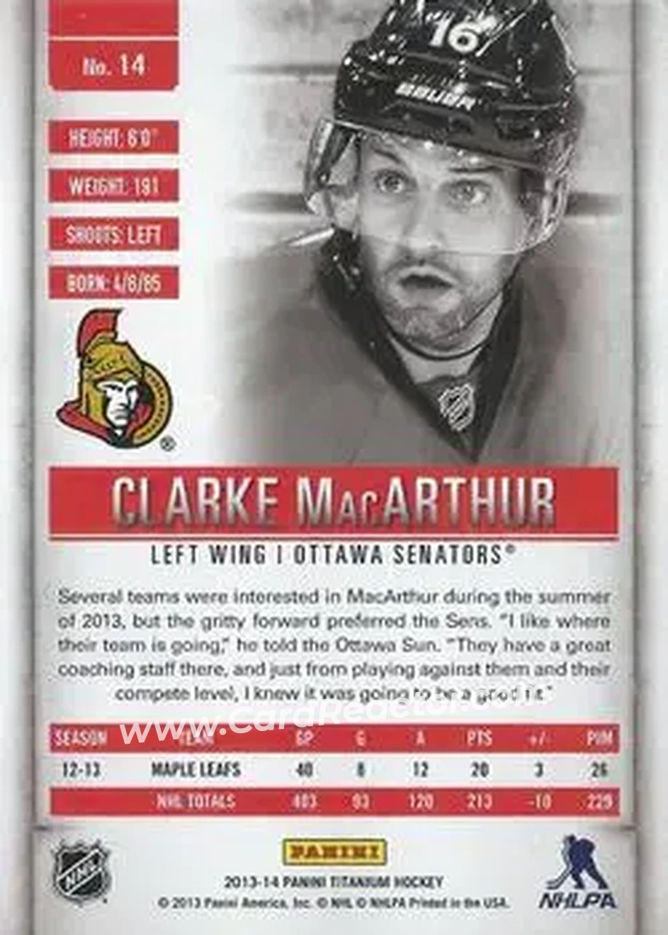 2013-14 Panini Titanium #14 - Clarke MacArthur - Ottawa Senators - Back