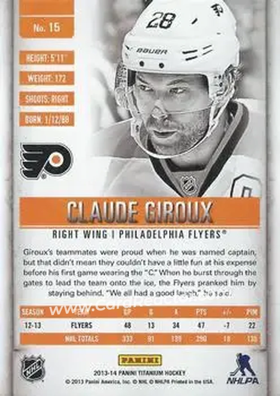 2013-14 Panini Titanium #15 - Claude Giroux - Philadelphia Flyers - Back