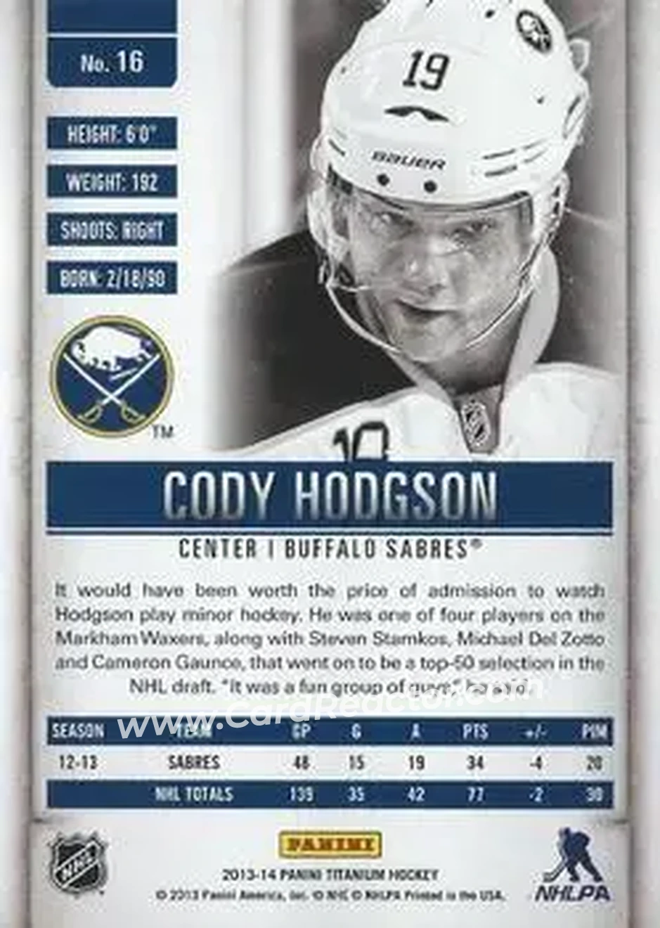 2013-14 Panini Titanium #16 - Cody Hodgson - Buffalo Sabres - Back