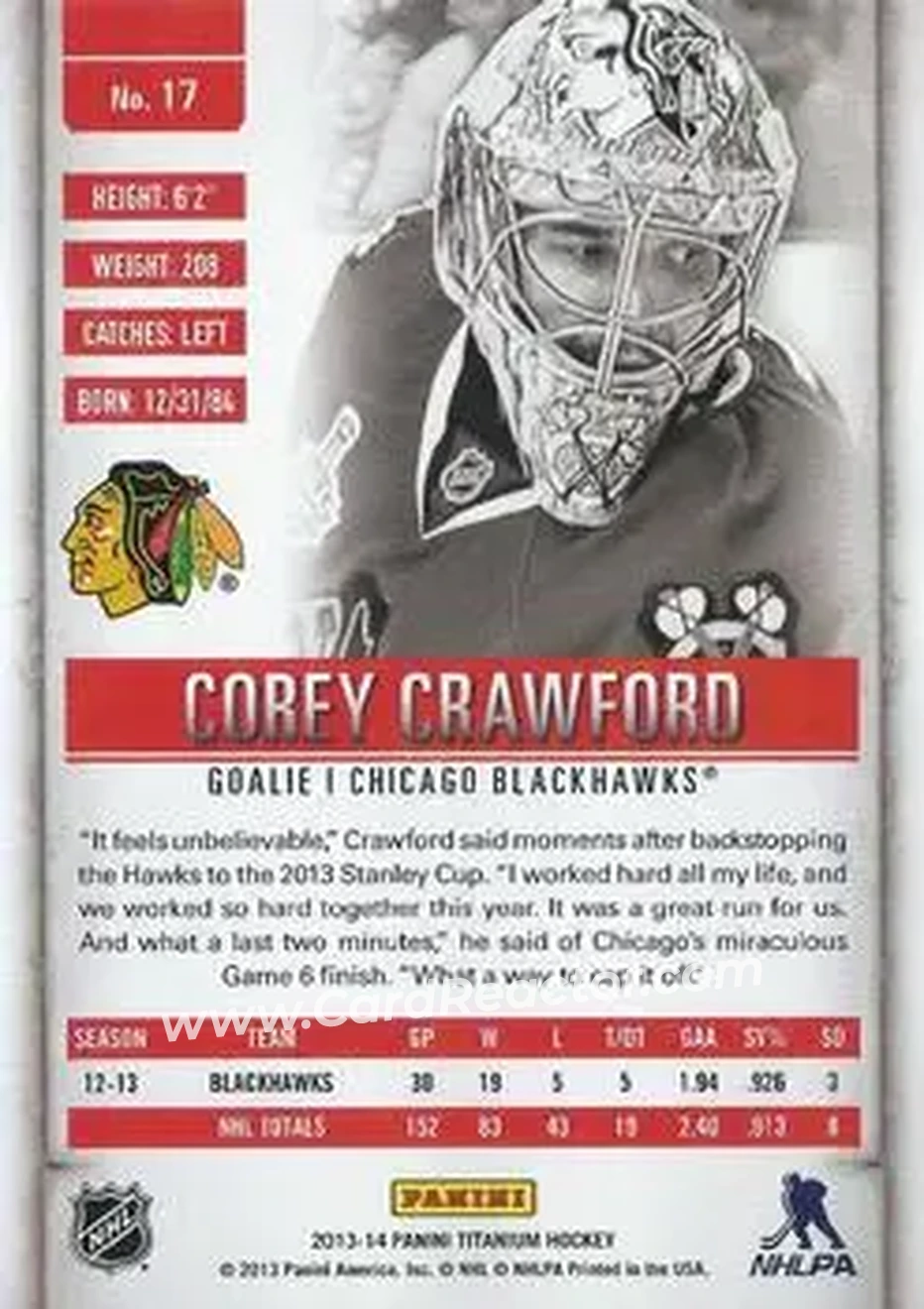 2013-14 Panini Titanium #17 - Corey Crawford - Chicago Blackhawks - Back
