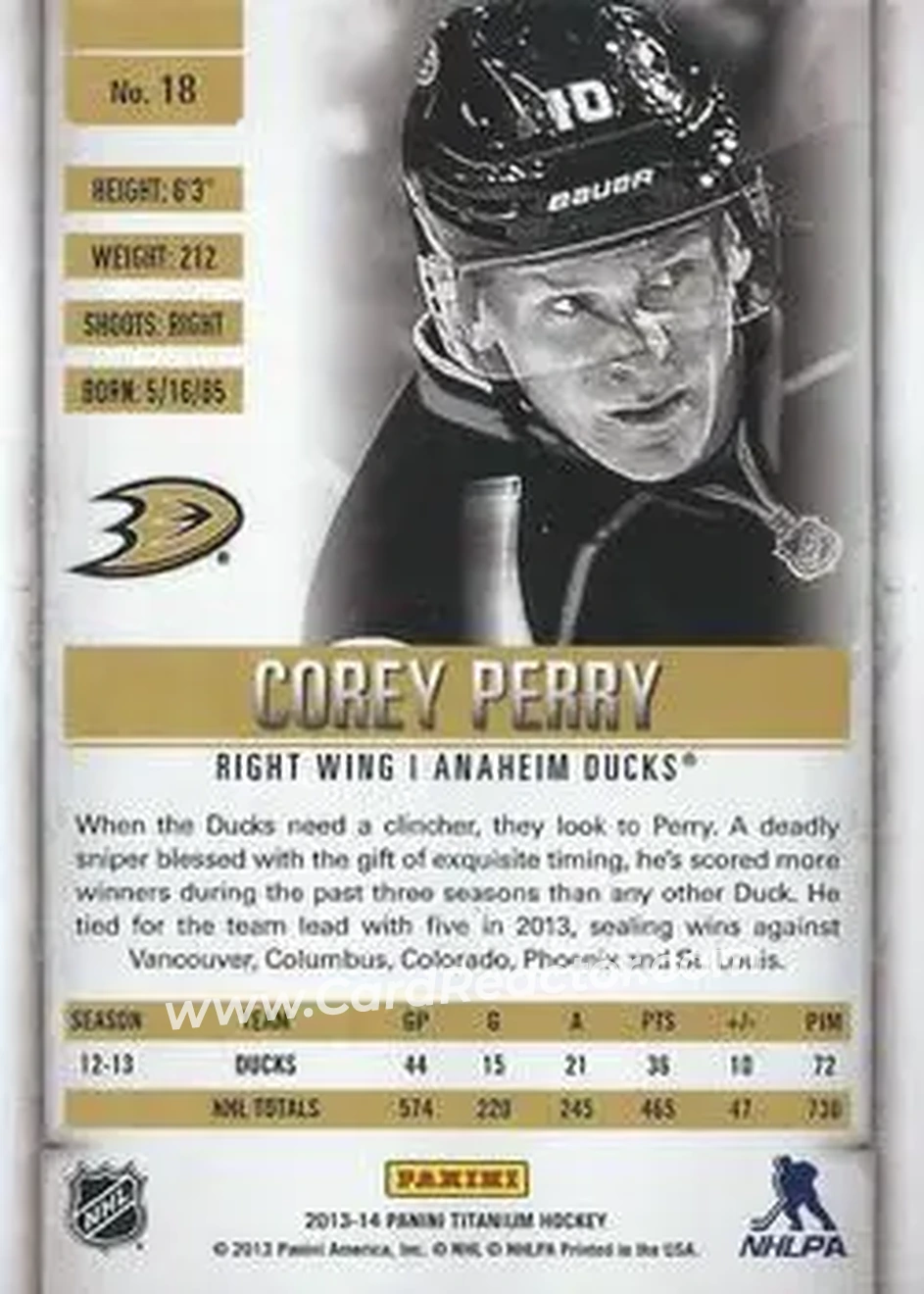 2013-14 Panini Titanium #18 - Corey Perry - Anaheim Ducks - Back