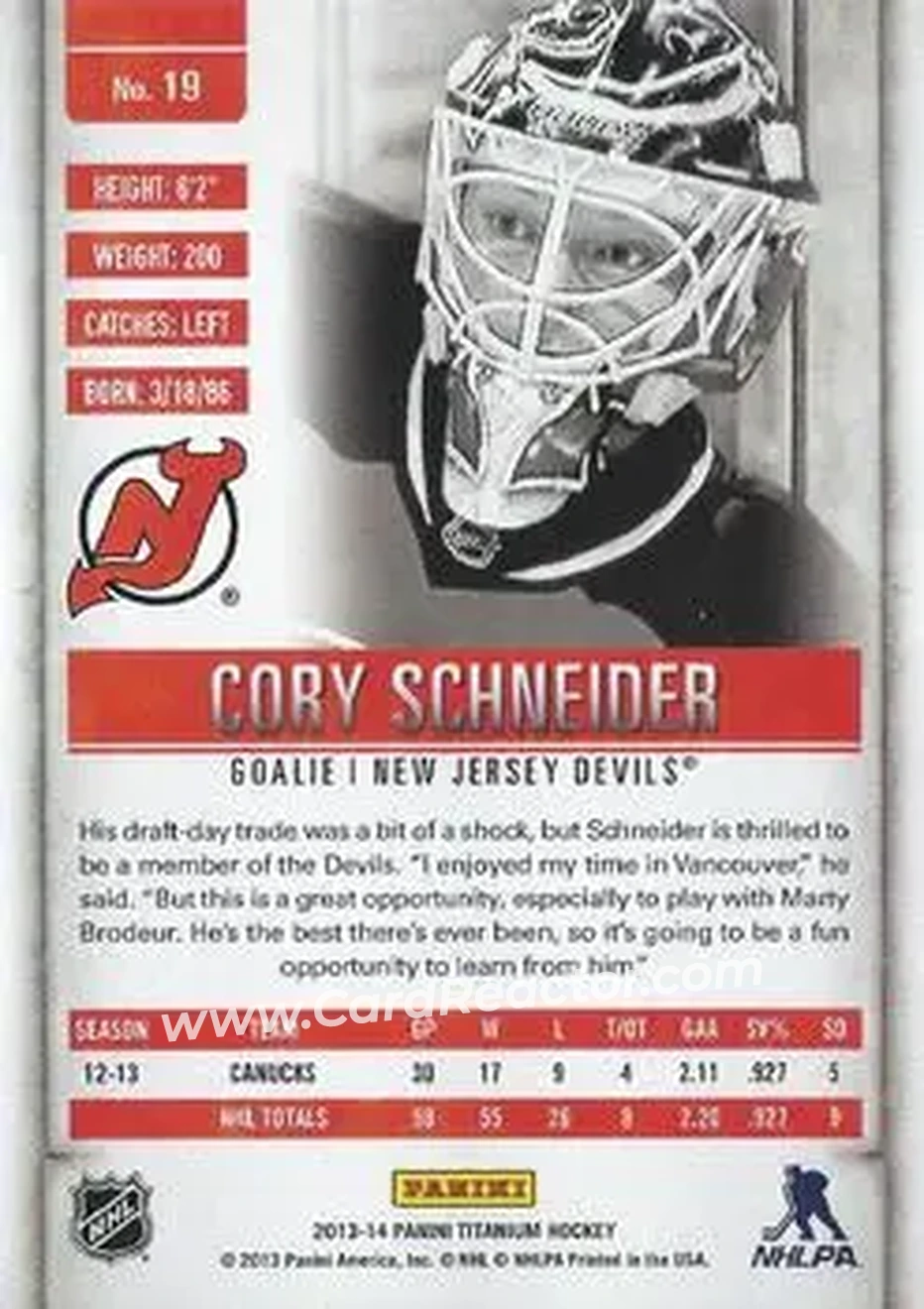2013-14 Panini Titanium #19 - Cory Schneider - New Jersey Devils - Back