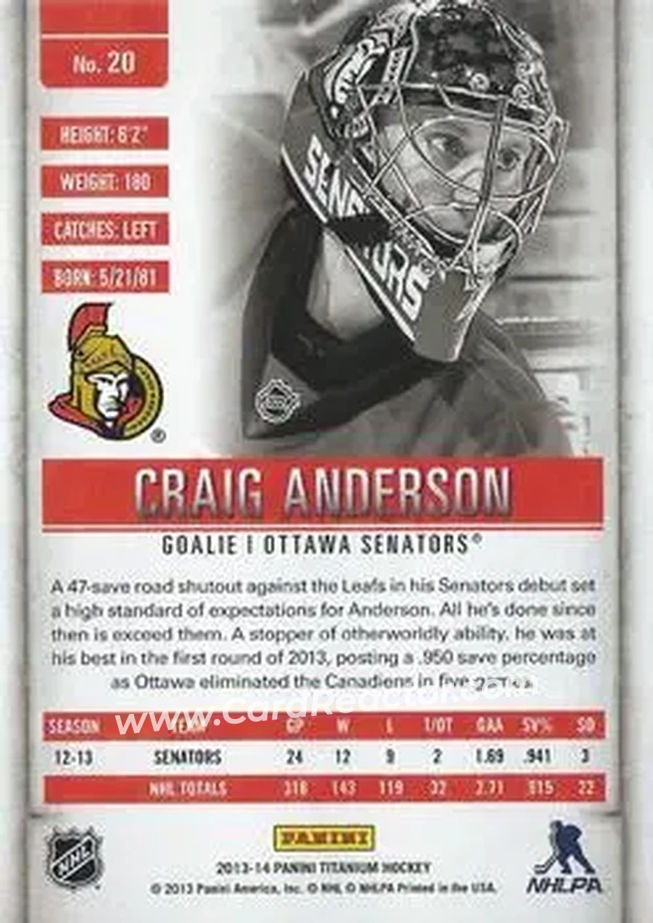 2013-14 Panini Titanium #20 - Craig Anderson - Ottawa Senators - Back