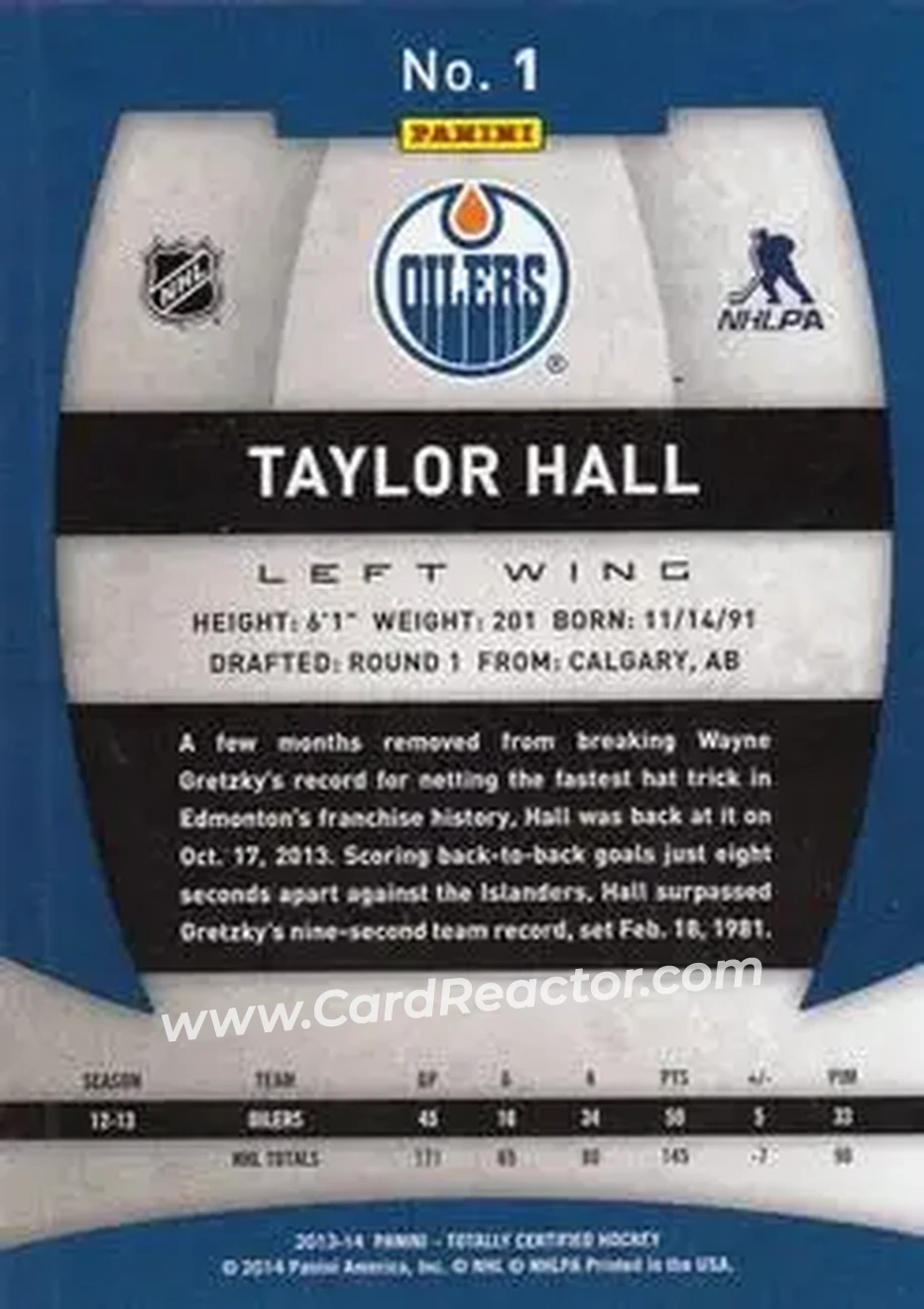 2013-14 Panini Totally Certified #1 - Taylor Hall - Edmonton Oilers - Back