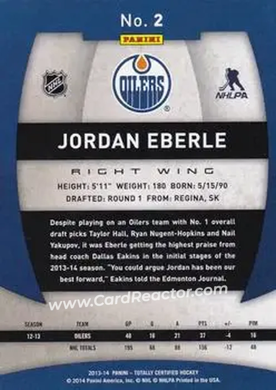 2013-14 Panini Totally Certified #2 - Jordan Eberle - Edmonton Oilers - Back