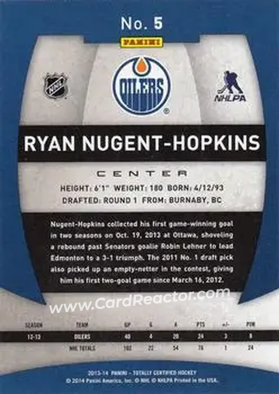 2013-14 Panini Totally Certified #5 - Ryan Nugent-Hopkins - Edmonton Oilers - Back
