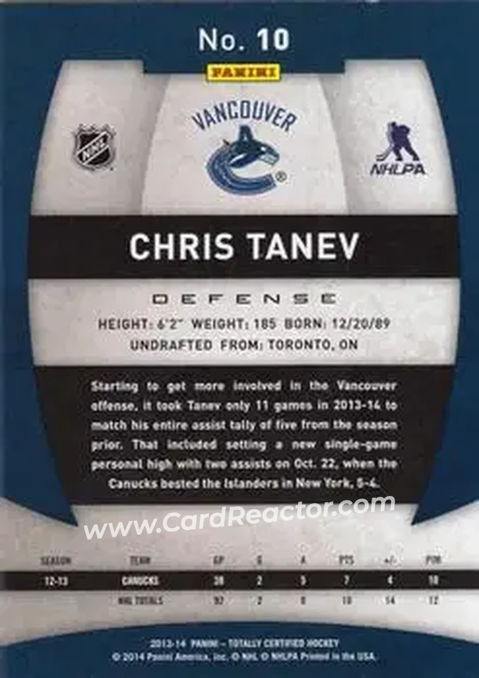 2013-14 Panini Totally Certified #10 - Chris Tanev - Vancouver Canucks - Back