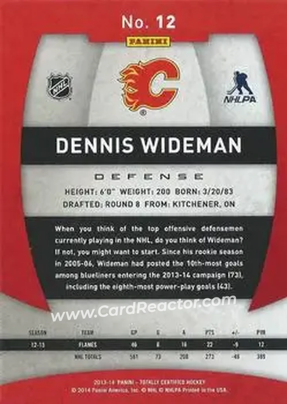 2013-14 Panini Totally Certified #12 - Dennis Wideman - Calgary Flames - Back