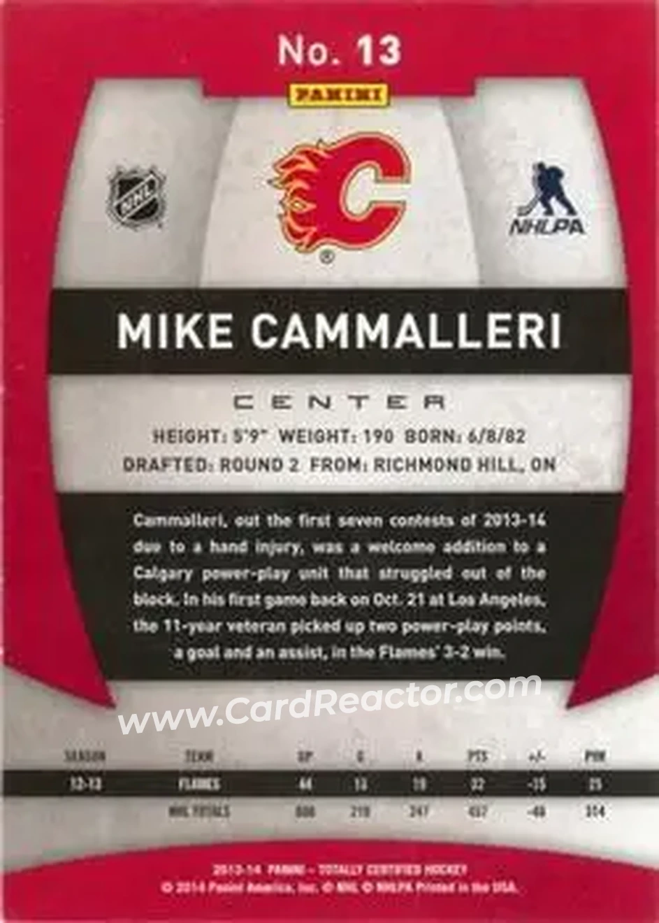 2013-14 Panini Totally Certified #13 - Michael Cammalleri - Calgary Flames - Back