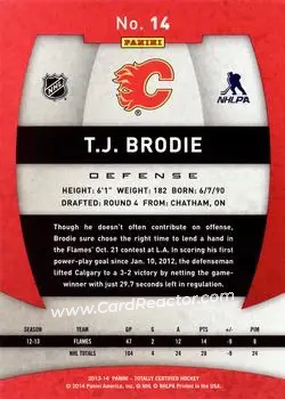 2013-14 Panini Totally Certified #14 - T.J. Brodie - Calgary Flames - Back
