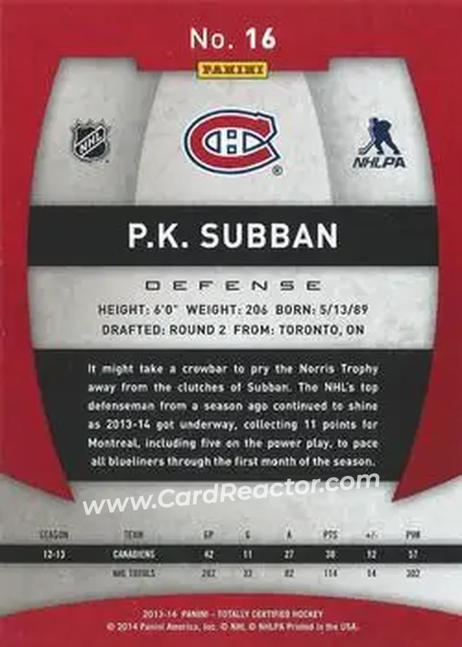 2013-14 Panini Totally Certified #16 - P.K. Subban - Montreal Canadiens - Back