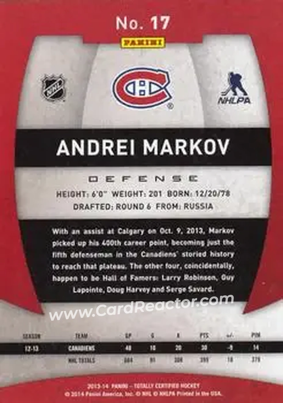 2013-14 Panini Totally Certified #17 - Andrei Markov - Montreal Canadiens - Back