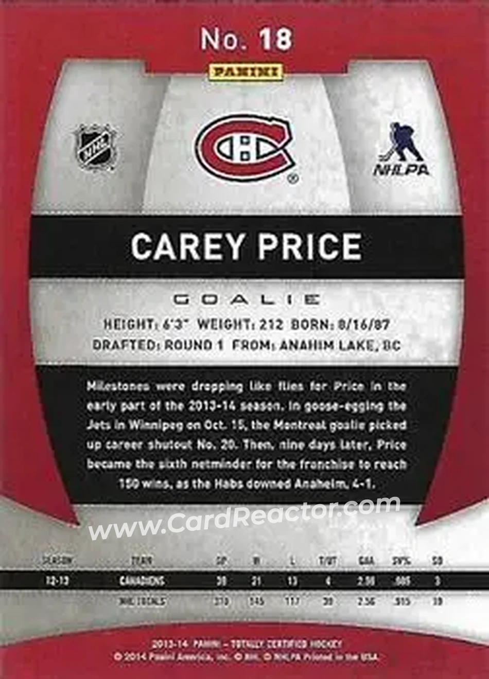2013-14 Panini Totally Certified #18 - Carey Price - Montreal Canadiens - Back