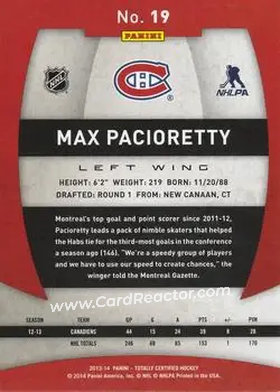 2013-14 Panini Totally Certified #19 - Max Pacioretty - Montreal Canadiens - Back
