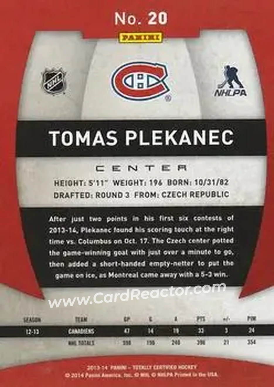 2013-14 Panini Totally Certified #20 - Tomas Plekanec - Montreal Canadiens - Back