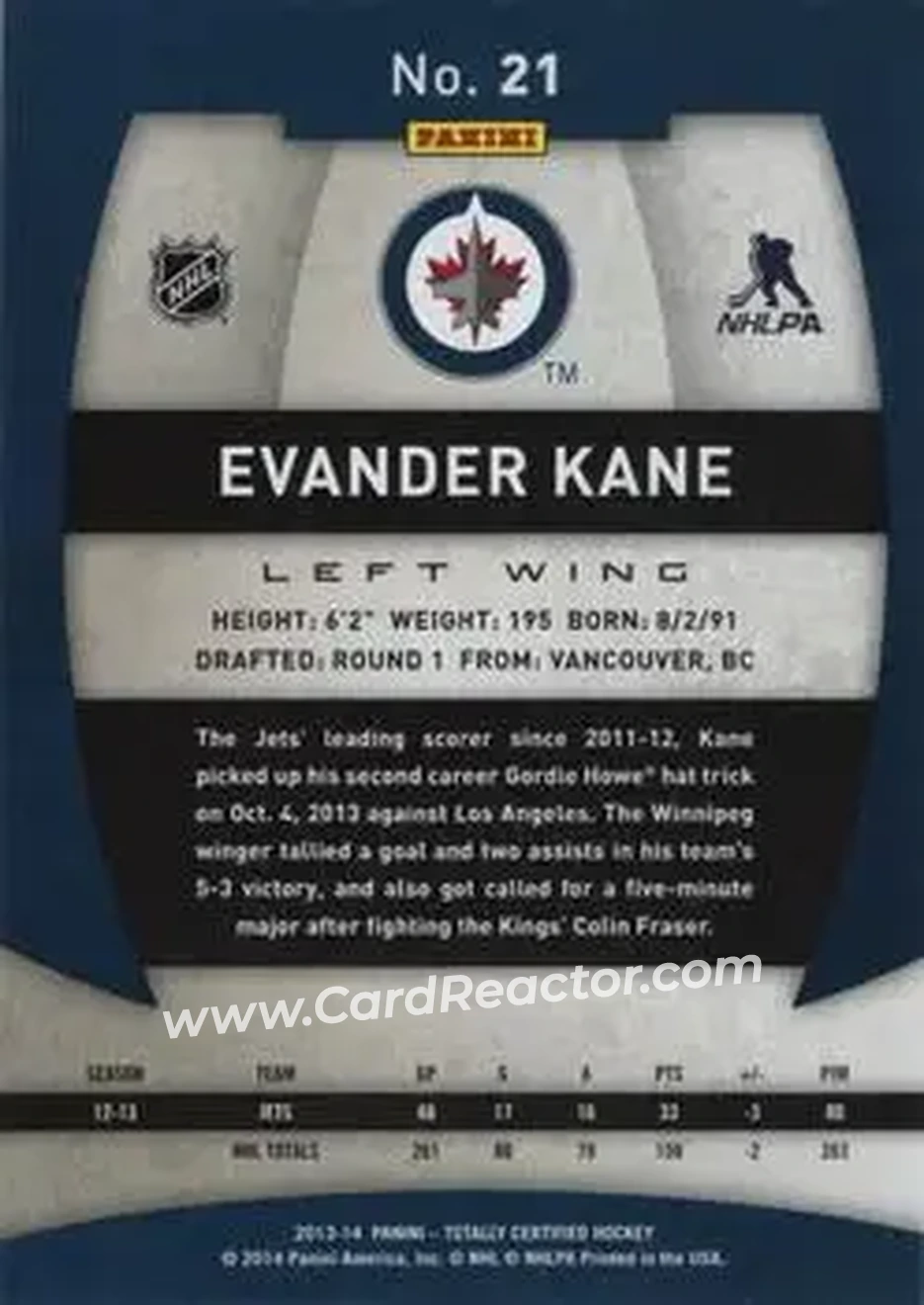 2013-14 Panini Totally Certified #21 - Evander Kane - Winnipeg Jets - Back