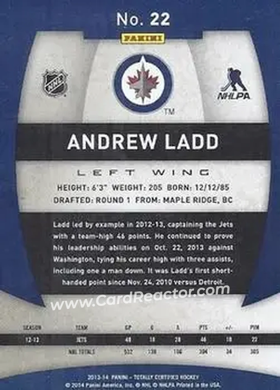 2013-14 Panini Totally Certified #22 - Andrew Ladd - Winnipeg Jets - Back