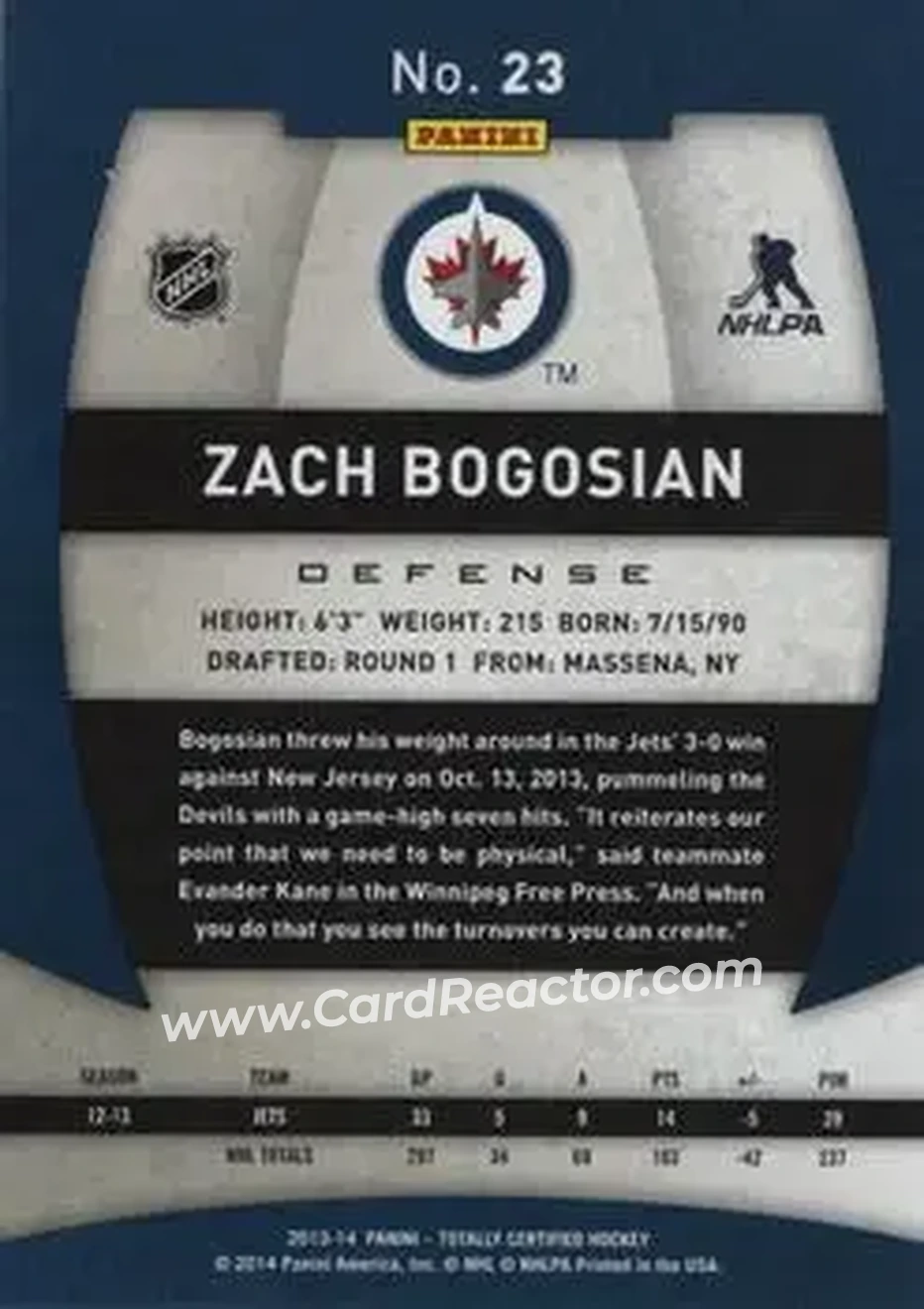 2013-14 Panini Totally Certified #23 - Zach Bogosian - Winnipeg Jets - Back