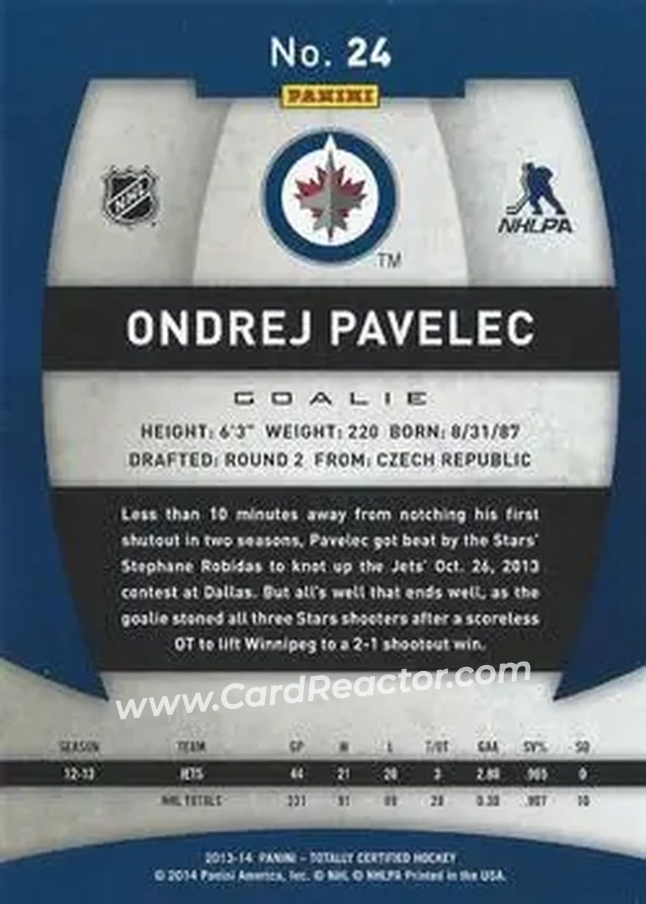 2013-14 Panini Totally Certified #24 - Ondrej Pavelec - Winnipeg Jets - Back
