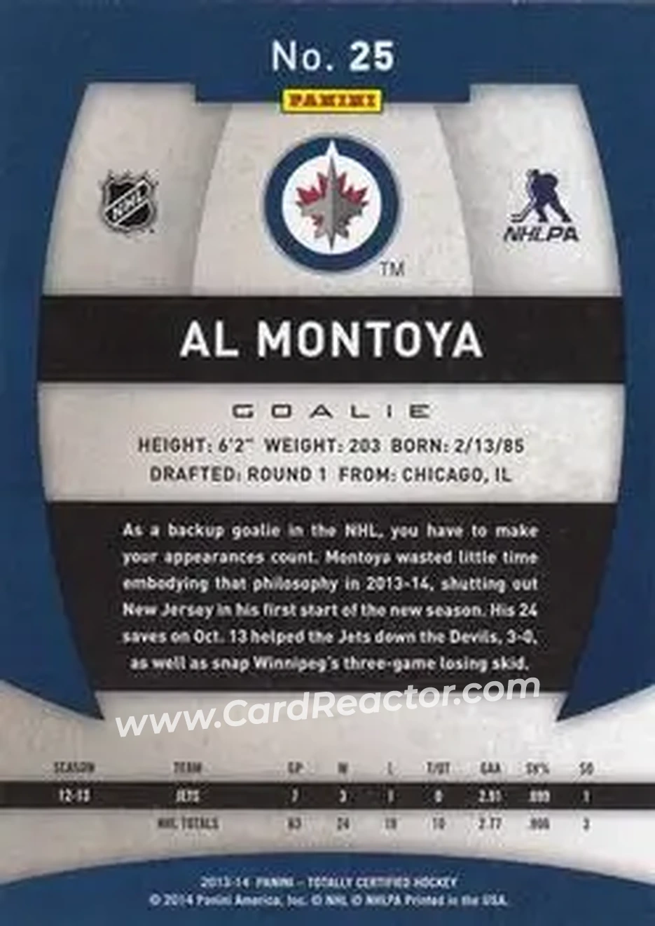 2013-14 Panini Totally Certified #25 - Al Montoya - Winnipeg Jets - Back