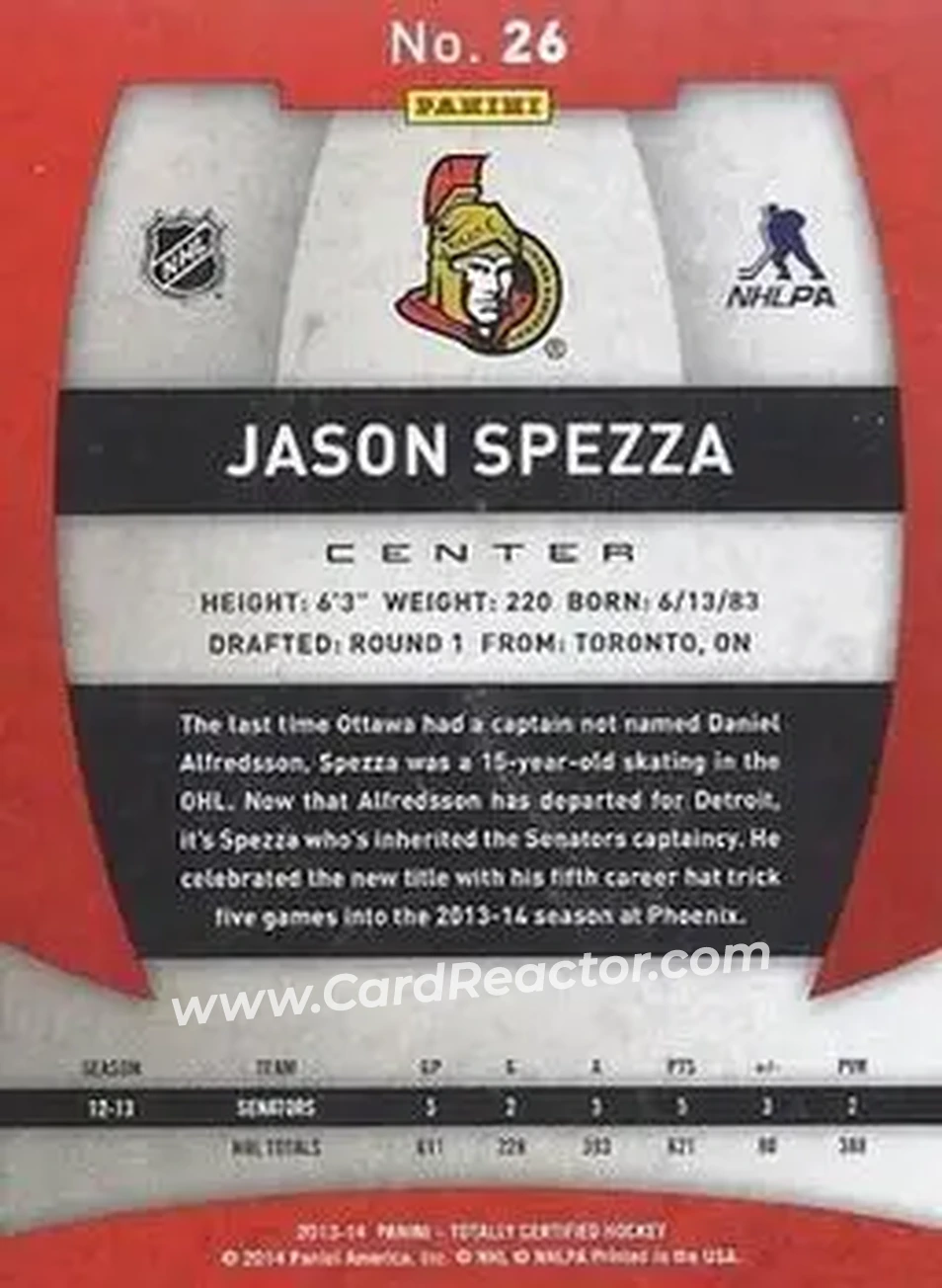 2013-14 Panini Totally Certified #26 - Jason Spezza - Ottawa Senators - Back