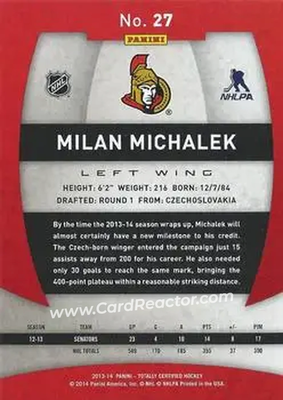 2013-14 Panini Totally Certified #27 - Milan Michalek - Ottawa Senators - Back