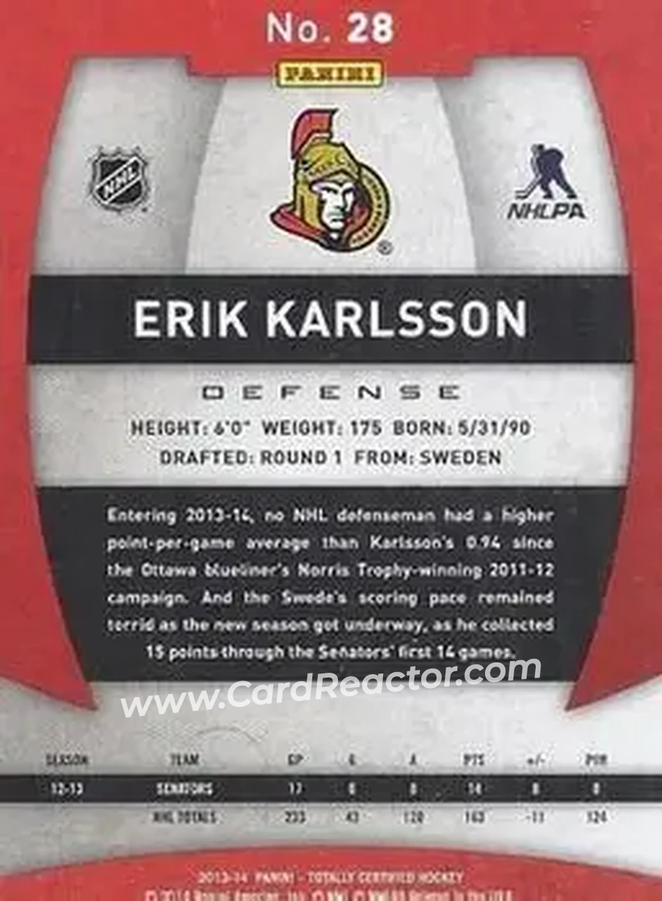2013-14 Panini Totally Certified #28 - Erik Karlsson - Ottawa Senators - Back