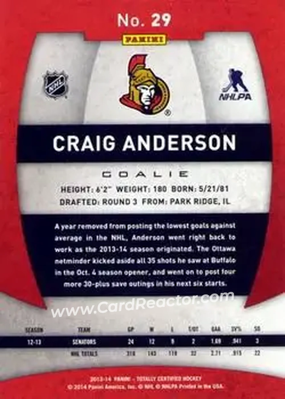 2013-14 Panini Totally Certified #29 - Craig Anderson - Ottawa Senators - Back