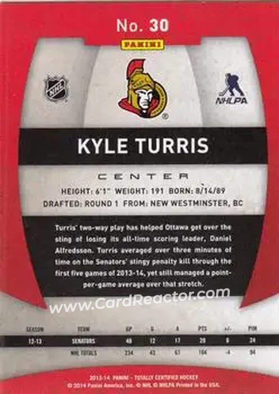 2013-14 Panini Totally Certified #30 - Kyle Turris - Ottawa Senators - Back