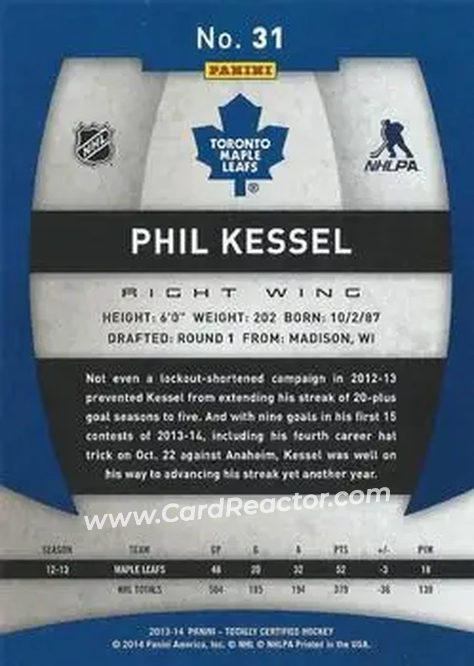 2013-14 Panini Totally Certified #31 - Phil Kessel - Toronto Maple Leafs - Back