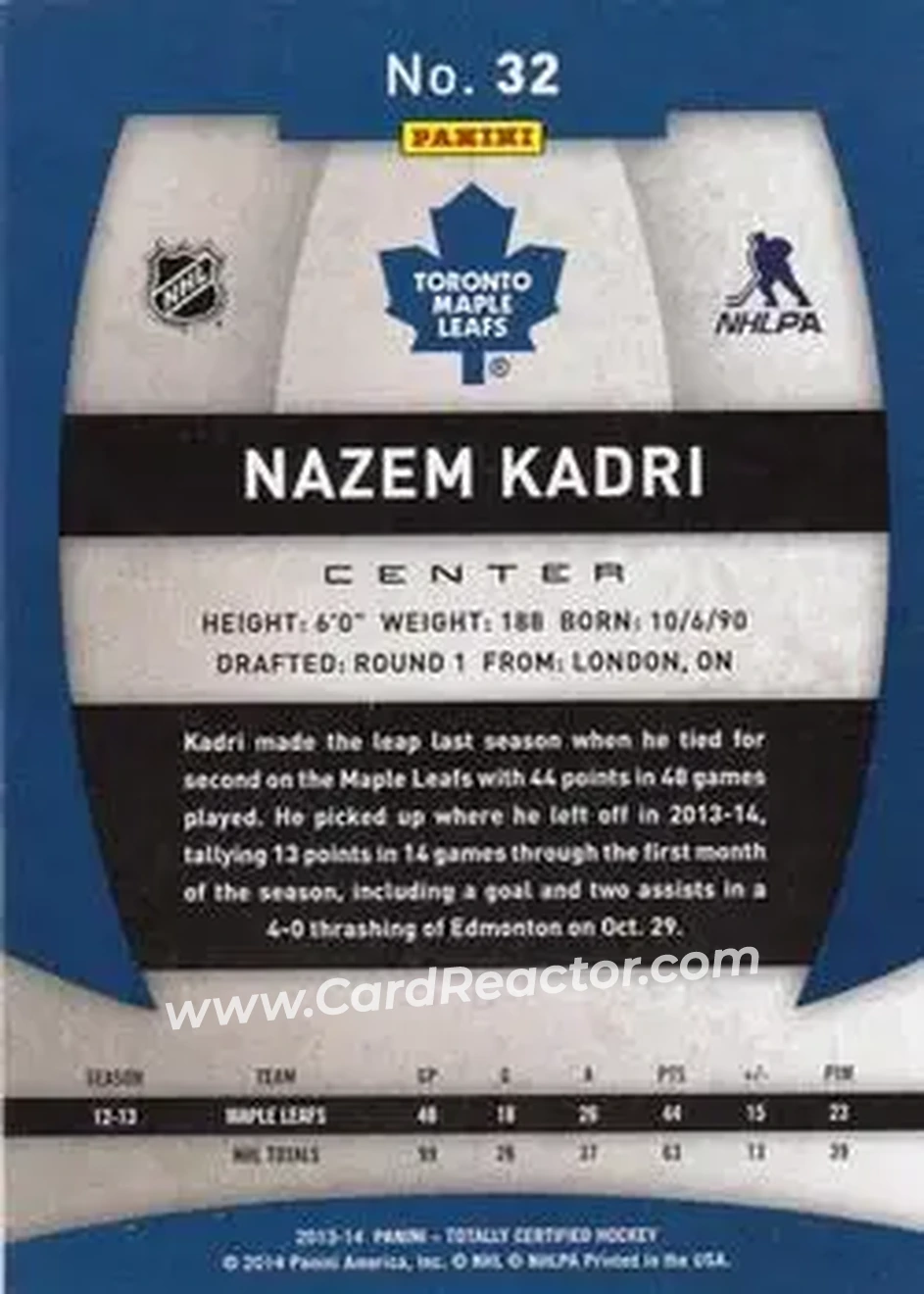 2013-14 Panini Totally Certified #32 - Nazem Kadri - Toronto Maple Leafs - Back