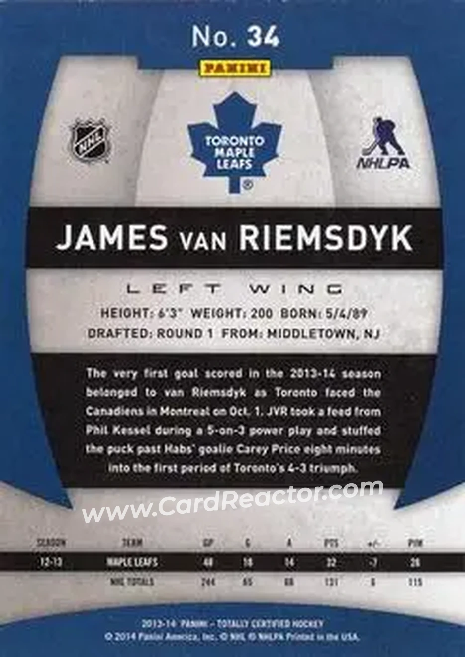2013-14 Panini Totally Certified #34 - James van Riemsdyk - Toronto Maple Leafs - Back