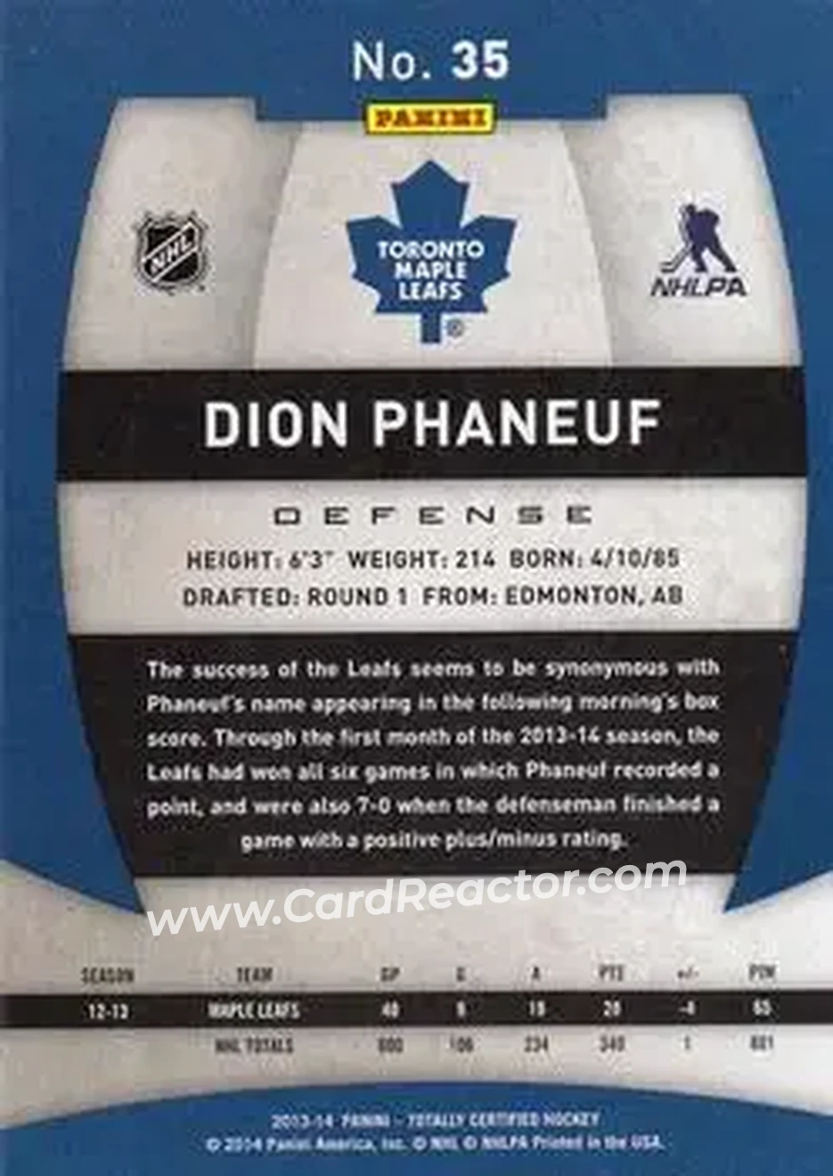 2013-14 Panini Totally Certified #35 - Dion Phaneuf - Toronto Maple Leafs - Back